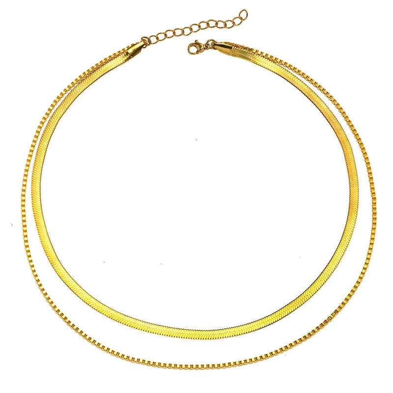 Collier à maillons en acier inoxydable plaqué or 18k pour femmes Bijoux à double couche Collier à chaîne serpent plate