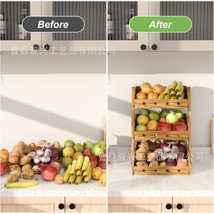 Wooden Fruit And <b>Vegetable</b> Storage Rack 3 Tiers Rectangle <b>Standing</b> Type Multifunction Counter Organizer - Product Image 3