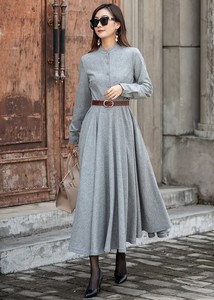 Robe longue personnalisée décontractée élégante pour femmes de la rue quotidienne hiver à manches longues coupe ajustée grande taille robes en laine boutonnées - Product Image 5