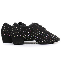 Chaussures de danse latine noires pour femmes avec strass, talon carré en daim, lacets, pour salsa, tango, danse de salon, entraînement
