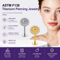 Piercing Labret à dos plat en Titane ASTM F136 avec Fleur CZ Halo Ronde, Or et Argent, pour Cartilage, Bijoux de Corps, Vente en Gros