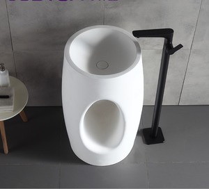 Estación de Lavado de Manos Portátil, Lavabo Independiente para Baño, Lavabo con Pedestal de Resina de Piedra de Superficie Sólida - Product Image 5