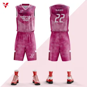 Grosir set pakaian basket rompi pria personalisasi sublimasi penuh cetak Digital warna-warni Pink kaus basket W1173