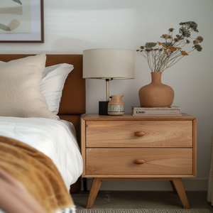 Table de chevet vintage en chêne naturel avec pieds fuselés, deux tiroirs de rangement et esthétique du milieu du siècle, à prix de gros - Product Image 1