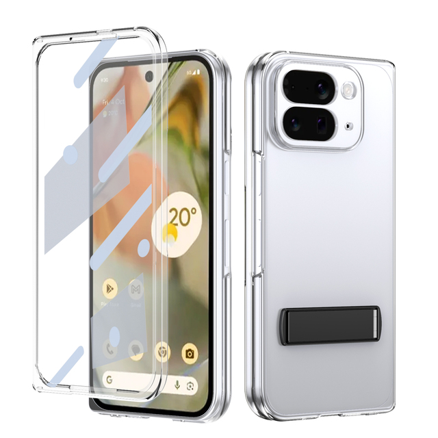 Shockproof Phone Case for Google Pixel 10 Pro Fold Tempered Glass Screen Protector Hidden Metal Stand Transparent Hard PC Cover