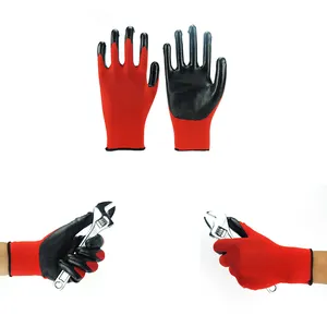 Heavy Duty Smooth Work Gloves Nitrile Coated Red Black Firm Grip Nitrile Coated Gloves