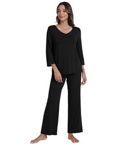 Stock Clearance Women's 2-Piece Bamboo Fiber Pajama Set V-Neck Solid Pink Soft Sleepwear Ready Stock Wholesale Loungewear - Product Image 5