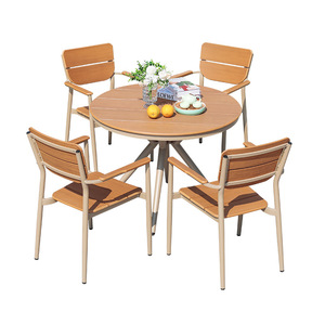 Outdoor Wooden <b>Patio</b> <b>Table</b> Set With 4 Chairs <b>Round</b> Aluminum Frame Weather Resistant Contemporary Design For Garden Deck Balcony - Product Image 1