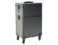 Valise de maquillage à roulettes en aluminium noir, grande capacité, avec fermeture ouverte, pour salon de beauté