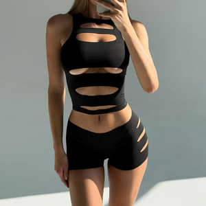 Conjunto de Top Corto Sexy con Aberturas y Shorts de Cintura Alta para Mujer, Negro, Estilo Bodycon, Ropa Deportiva de Dos Piezas, Moda Deportiva a la Moda - Product Image 3