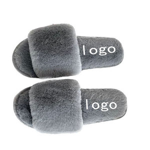 Zapatillas con punta abierta peluda y esponjosa de felpa con logotipo personalizado para mujer, Tobogán de una correa, acogedor, cálido, invierno, algodón suave, antideslizante para - Product Image 4