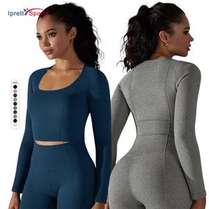 Seamless Active Wear Customized 4 Pieces Padded Basic Long Sleeve Fitness Wearing Sports Clothes Gym Crop Top For Women