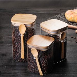 Storage Jar Glass 500ml 1000ml Glass With Spoon Wholesale Square Glass Storage Jar Bamboo Lid