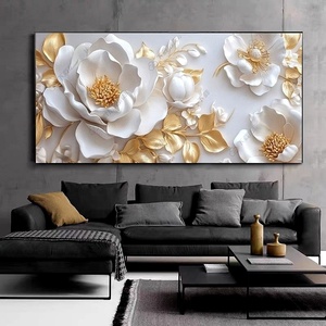 Elegante Quadro Moderno con Fiori Bianchi e Beige e Foglie Dorate, Dipinto Murale in Cristallo, Porcellana e <span class=keywords><strong>Vetro</strong></span> con Diamanti - Product Image 2