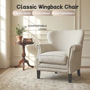 Fauteuil d'appoint moderne à dossier haut avec clous en laiton, rembourrage en coton fait main, pieds en bois massif, dossier capitonné écologique pour chambre et salon - Product Image 4