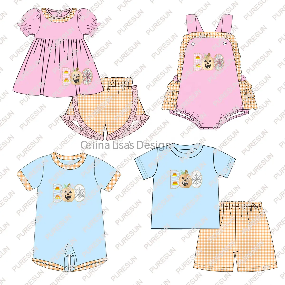 Puresun newest design baby clothing sets fashion Halloween applique toddler boy clothes wholesale kids boutique clothing