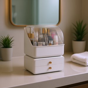 Db Modern Waterproof Makeup Organizer With Transparent Lid And Dual <b>Drawers</b> For Cosmetic <b>Storage</b> White <b>Plastic</b> Design - Product Image 2