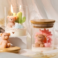 Bougie parfumée personnalisée avec logo, ours marguerite 3D, pot en verre, couvercle en bois, bougie florale pour marque privée, boutique de détail