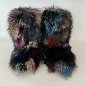 Bottes de neige en fourrure de renard véritable moelleuses mi-mollet, à enfiler, confortables, semelle en caoutchouc pour femmes - Product Image 2