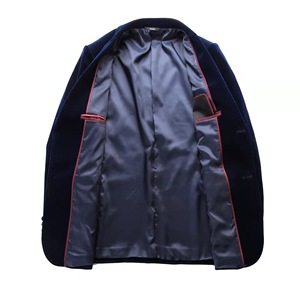 Blazer da <span class=keywords><strong>Uomo</strong></span> in Velluto a Coste Blu Gioiello con Colletto alla Coreana, Monopetto, Righe Verticali Blu, Stile <span class=keywords><strong>Elegante</strong></span> e di Alta Gamma - Product Image 5
