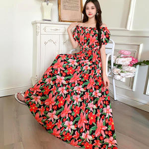 Cotone e Rayon Chiffon floreale monospalla stile <span class=keywords><strong>etnico</strong></span> estivo elastico in vita abito <span class=keywords><strong>lungo</strong></span> bohémien africano Casual - Product Image 4