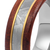Tizti Herren Edelstahlring mit Echtem Meteorit & Bubinga-Holzeinlage Goldene Rille Ehering Komfortabler Sitz Männerschmuck