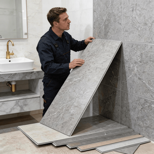 Revêtement mural en carreaux SPC étanches à clipser, aspect travertin, pour <span class=keywords><strong>douche</strong></span>, prêt à être expédié - Product Image 1