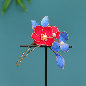 Nouvelle Épingle à Cheveux Style Antique 2025 au Design Original, Fleur Faux Cloisonné avec Fleurs Rouges et Bleues, Faite à la Main et Enroulée de Fil - Product Image 3