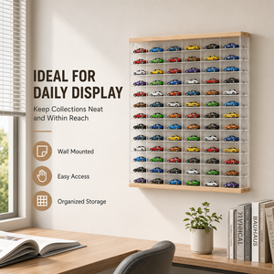 Vitrine en acrylique transparent à 60 emplacements pour voitures miniatures à l'échelle 1/64 Hot Wheels Tomica, support mural avec base en <span class=keywords><strong>bois</strong></span> - Product Image 5