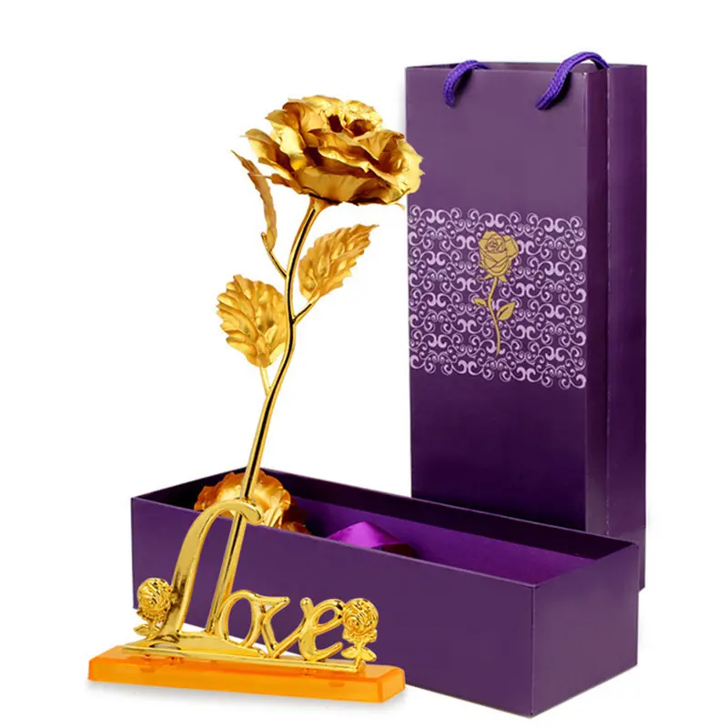 Color Crystal Gold Foil Flower Simulation 24K Gold Rose Bouquet Box-packed Room Decoration Valentine's Day Gift Photo Prop