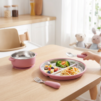 Ventouse en silicone, assiette en acier inoxydable, bol pour aliments complémentaires pour bébé, vaisselle d'alimentation pour enfants