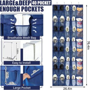 Organizador de zapatos colgante para puerta con 40 bolsillos, bolsillos de malla azul marino para armario, estante de almacenamiento detrás de la puerta - Product Image 2