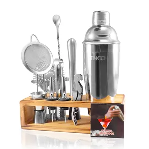 Cocktail Shaker Bar Set With Accessories And Bamboo Holder Base
