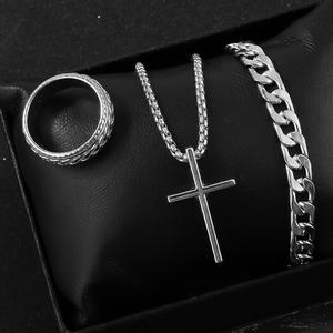 Fashion Hip Hop Black Cable <b>Chain</b> Bracelet Ring Metal <b>Cross</b> Pendant Necklace Jewelry Set for Women Men Party Gift - Product Image 4
