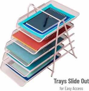 Metal Desk Organizer with 5 Sliding <b>Trays</b> for Letters and <b>Files</b> Holder 5 Tier Paper <b>Tray</b> Desktop <b>File</b> Storage Office Pink - Product Image 4