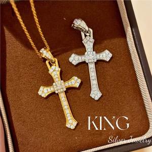 King Silver Cross Pendant Necklace With Diamond Prong Setting Unisex Everyday Wear - Product Image 1