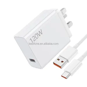 120W Fast Charger with 6A USB Type c Cable for Xiaomi 3 Pin UK Plug USB Power adapter 120W Turbo Charging for Xiaomi