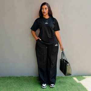 Ensemble deux pièces pour femmes de haute qualité avec logo personnalisé, printemps-été, décontracté, élégant, haut ample, <span class=keywords><strong>pantalon</strong></span> <span class=keywords><strong>large</strong></span>, vêtements pour femmes - Product Image 2
