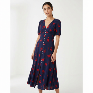 <span class=keywords><strong>Robe</strong></span> midi vintage française à motif floral, élégante, col en V, boutonnée, fendue, style bohème décontracté pour femme, vente en gros OEM/ODM - Product Image 5