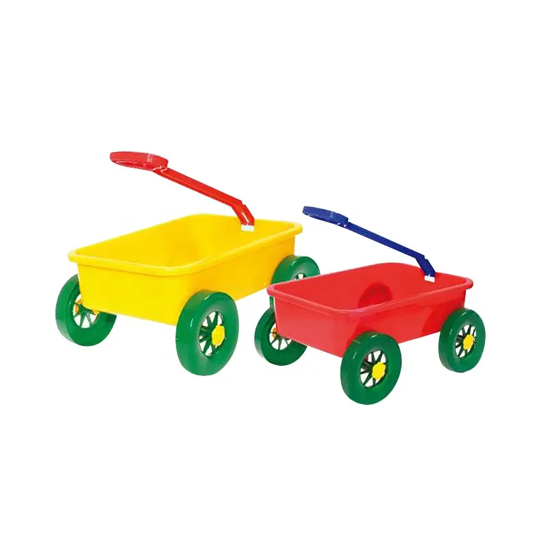 Carrello in plastica da spiaggia estivo carrello a 4 ruote con annaffiatoio, secchio d'acqua, forchetta cucchiaio stampo giocattoli di sabbia all'aperto per bambini