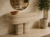Table console moderne en travertin bleu océan SH STONE avec pieds cylindriques doubles pour hall d'entrée et salon de villa