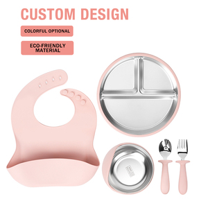 Ensemble de repas pour bébés et enfants en acier inoxydable, vente au détail et en gros, bols et assiettes en silicone anti-chute, <span class=keywords><strong>kit</strong></span> de démarrage pour les premiers aliments - Product Image 1