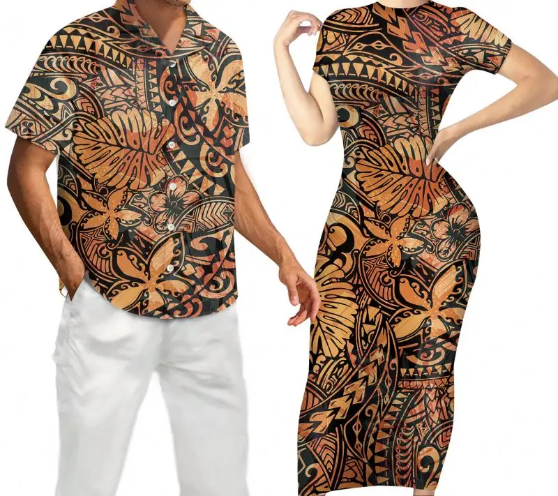 モーニングキッド最新ポリネシア部族服アイランドカップル衣装女性クラブドレスショーツスリーブマッチメンズシャツプラスサイズ