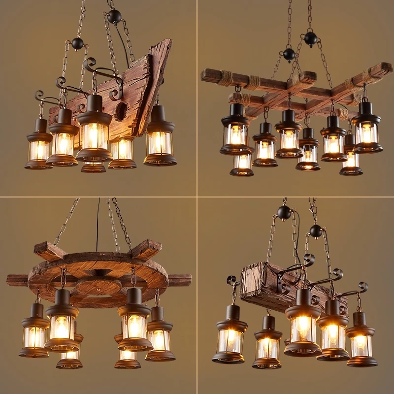 Vintage Wood Chandelier Solid Wooden Suspension Ceiling Light Coffee Bar Restaurant Modern Traditional Design 220V Middle Lamp