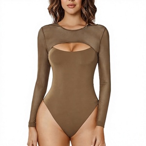 Body de Mujer de Color Sólido, Manga Larga, Cuello Redondo, Transparente, Elástico, de Punto, Spandex, Nailon, Sexy, de Una Pieza - Product Image 1