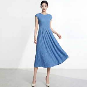 PY Women's Sleeveless Pleated Knee-Length O-Neck <b>Loose</b> Solid Breathable Pink Woven Casual Spring Autumn <b>Dress</b> - Product Image 3