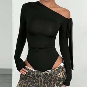 Body de un solo hombro Y2K, sexy, con lazo, manga larga, ajustado, de color sólido, básico, para mujer - Product Image 1