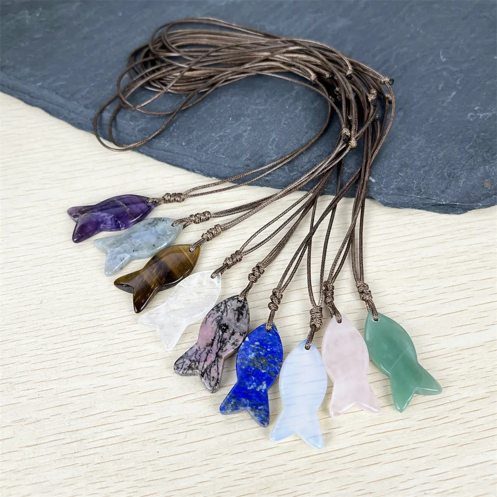 Handmade Jewellery Carved Fish Shaped Stone Pendant Wax Rope Necklace Various Natural Crystal Opal Rhodonite Necklace for Unisex