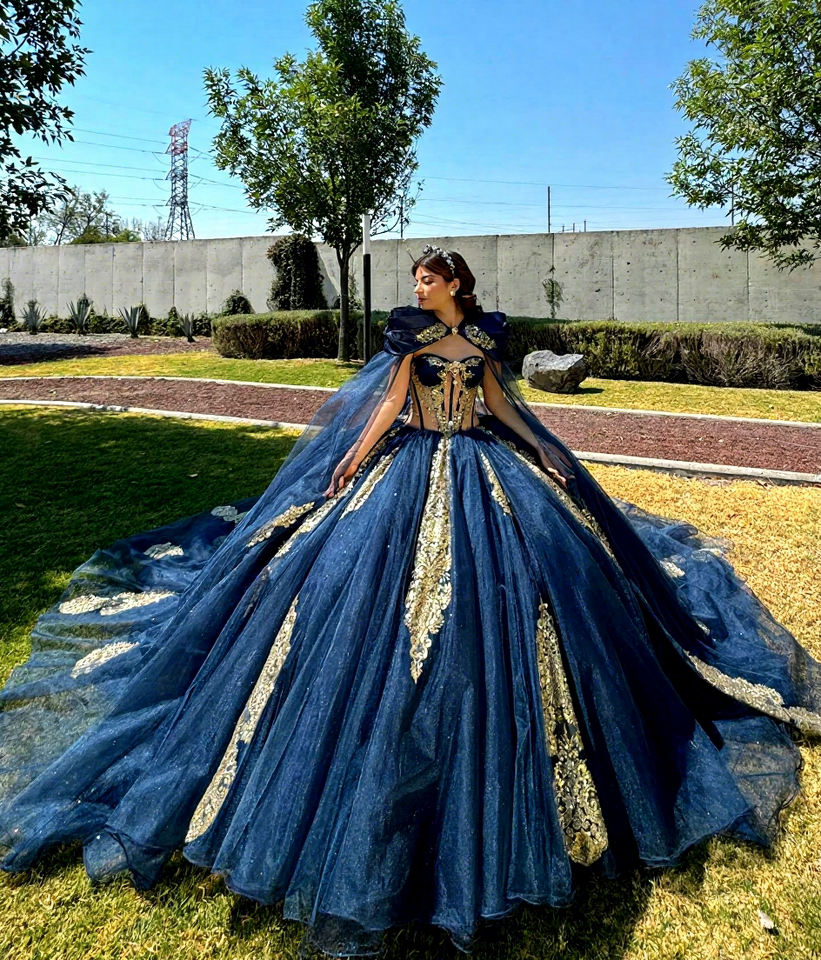 Mumuleo Navy Blue Quinceanera Dress with Gold Lace Appliques