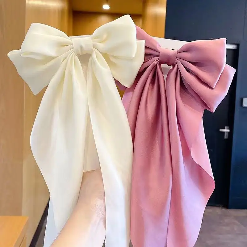 Lớn Bow barrettes đuôi dài pháp Ribbon tóc pins mềm mượt satin Clip tóc kim loại Bowknot tóc phụ kiện bên phụ nữ cô gái